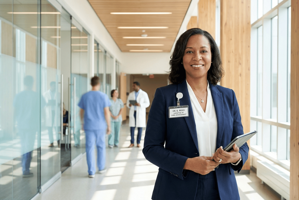 Care management professional in a hospital corridor